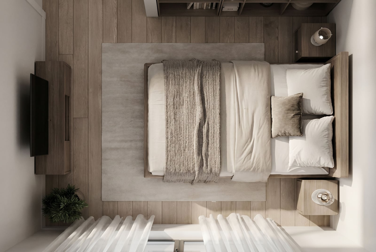 Top view of a modern bedroom in a Tivat residential complex apartment, Montenegro: wooden bed, parquet flooring, and cozy interior.
