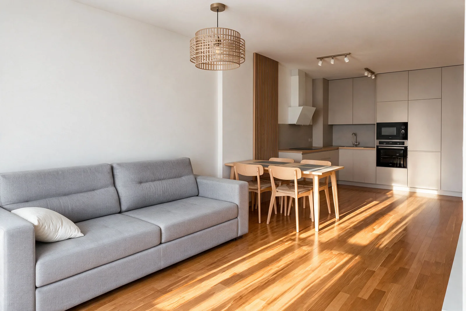 Bright open space with a grey sofa, wooden dining table, and modern kitchen in the background.