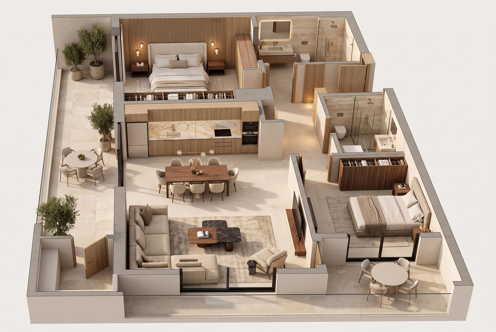 3D architectural floor plan of an apartment showing bedrooms, kitchen, living room, and balcony.