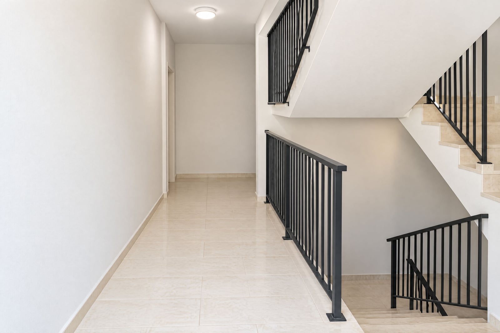 Empty staircase landing with beige tiles and black metal railings in a modern minimalist style.