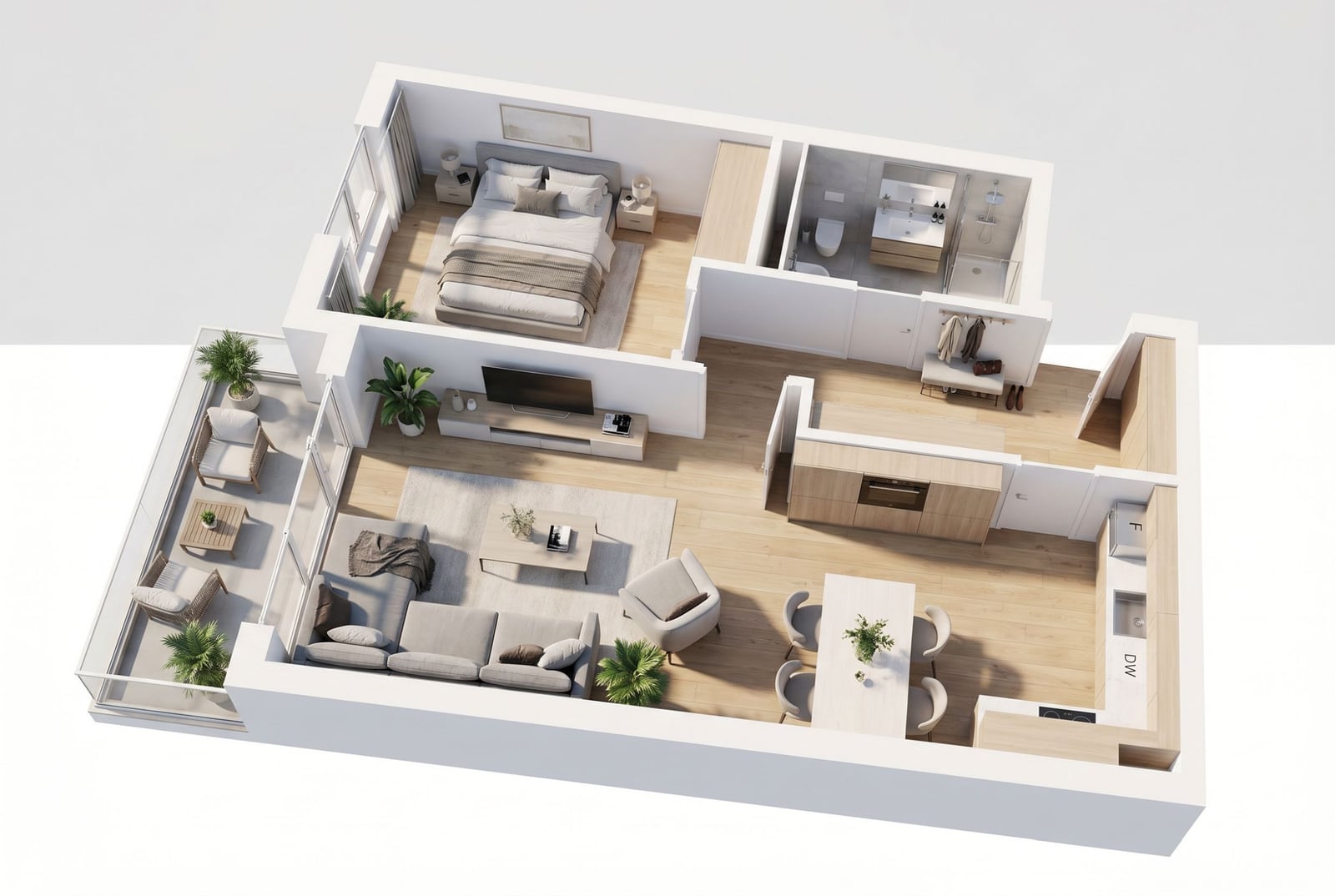 3D apartment layout in Bečići, Montenegro: bedroom, living room with terrace, kitchen, and bathroom with modern furnishings.