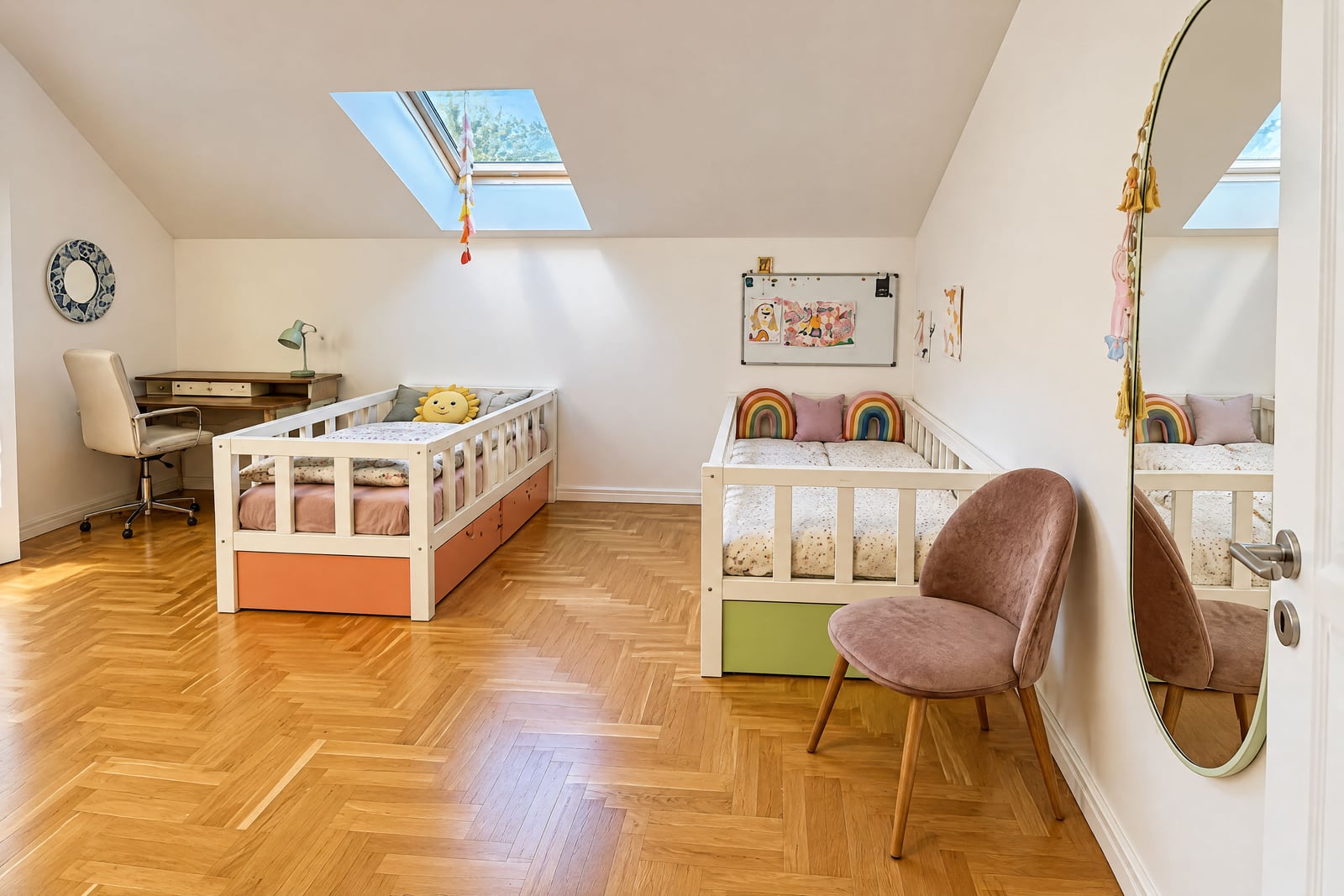 Children's bedroom with two beds, a desk, skylight, and herringbone parquet flooring.