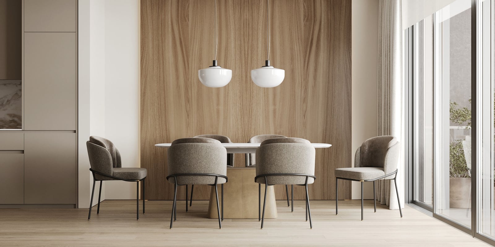 Modern dining area in a Sveti Stefan apartment, Montenegro: stylish table, upholstered chairs, and wood finishes.