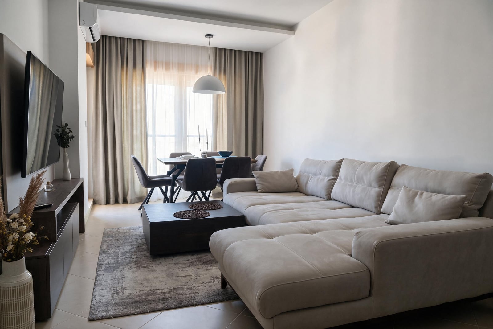 Modern living room in an apartment in Dobrota, Montenegro: a light corner sofa, dining area, and TV zone with decor.