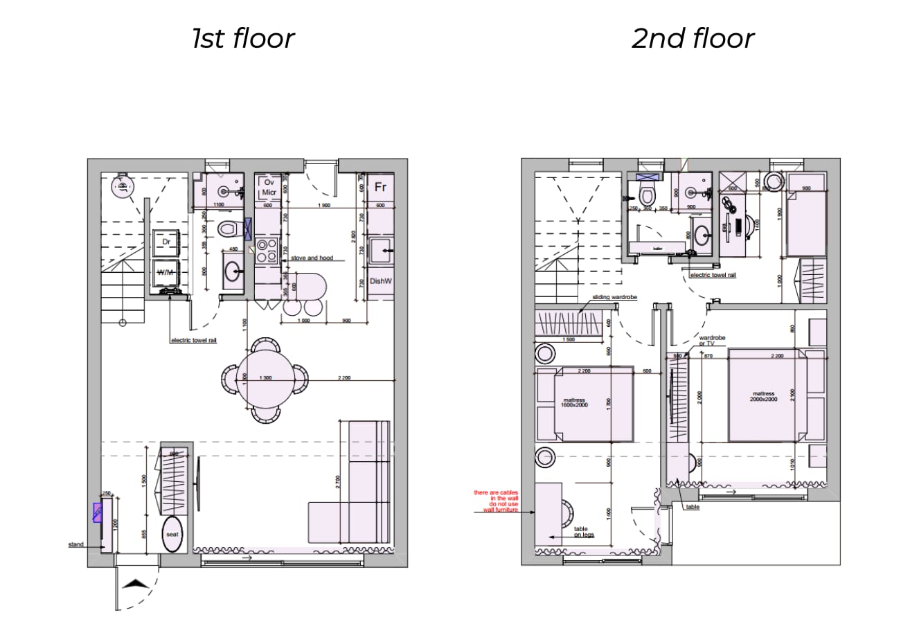 Floor plan of a two-story townhouse in Kavač, Montenegro: kitchen, living room, and two bedrooms with furniture shown on the property layout.