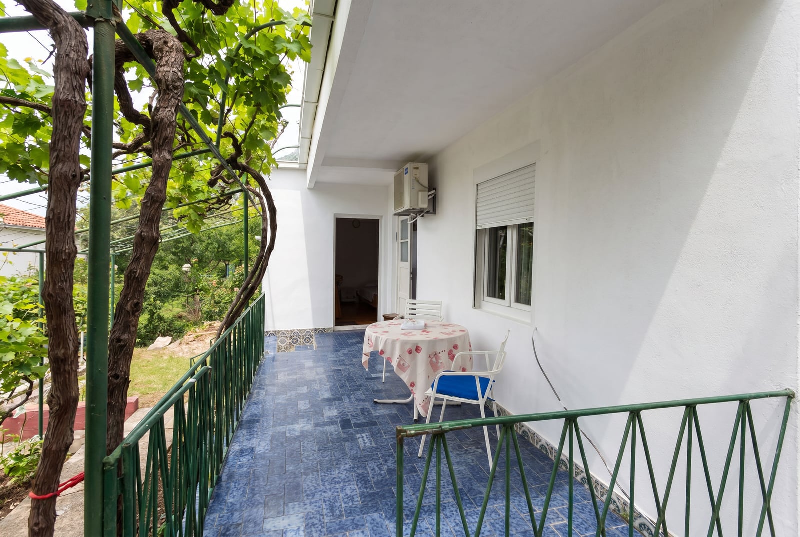 Cozy terrace with blue tiles and grapevines at a house in Sutomore, Montenegro: table, chairs, and garden view.