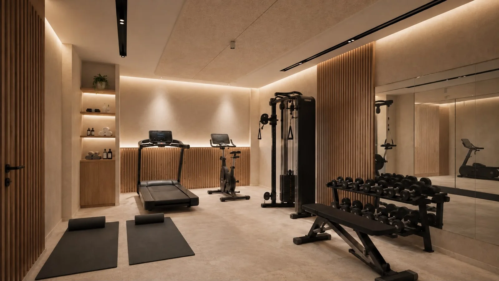 Modern home gym featuring a treadmill, stationary bike, dumbbell rack, cable machine, and yoga mats.