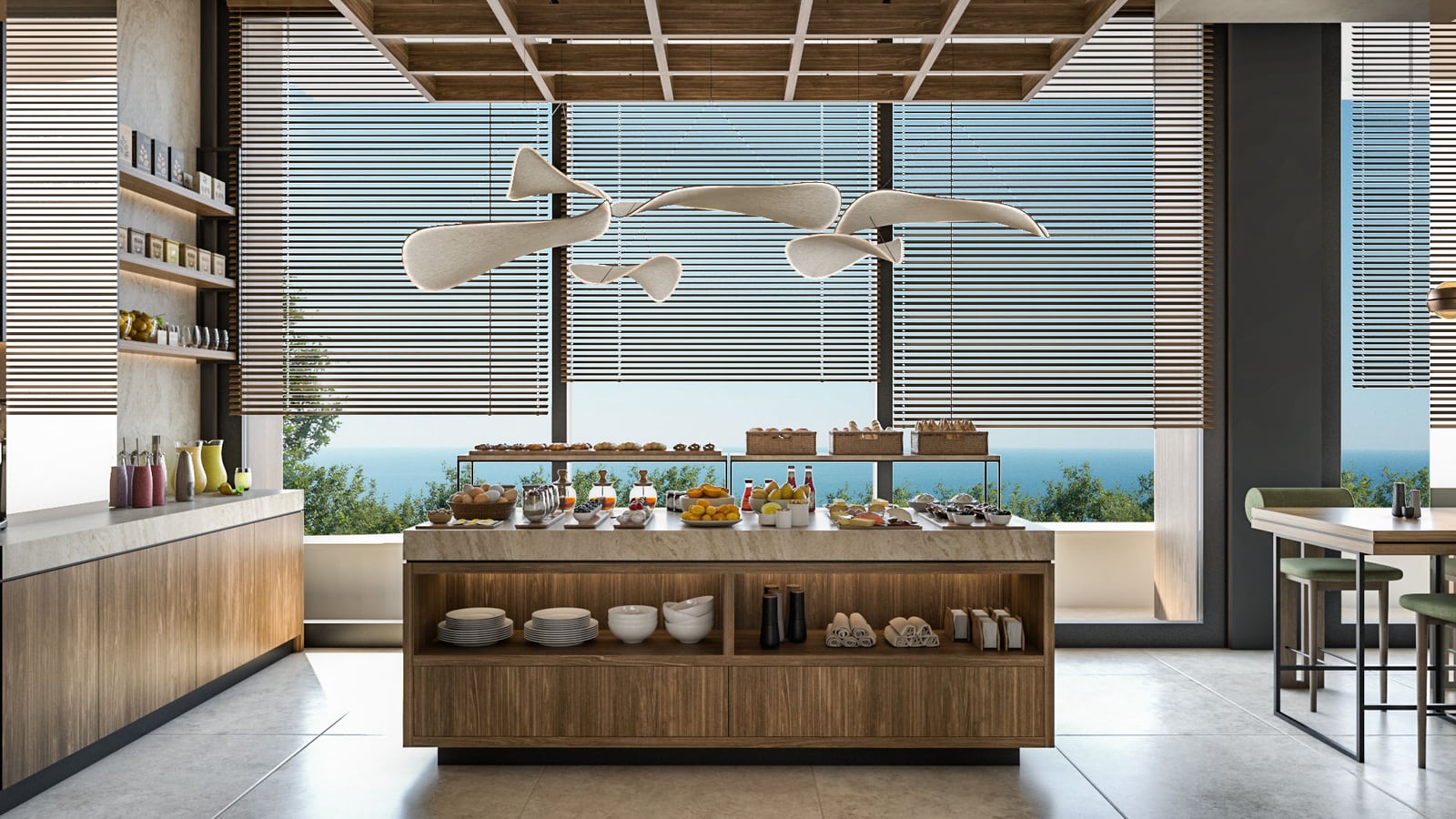 Buffet area with food, dishes, and wooden furniture near a window overlooking the sea.