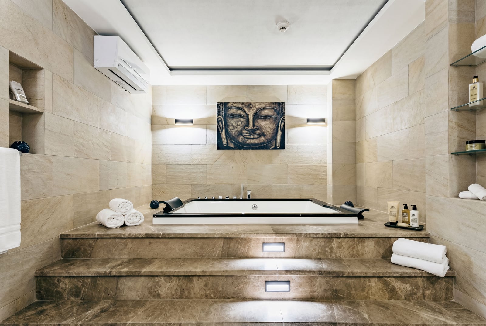 Modern bathroom with a jacuzzi and stone finishes in a luxury villa, Kumbor, Montenegro.