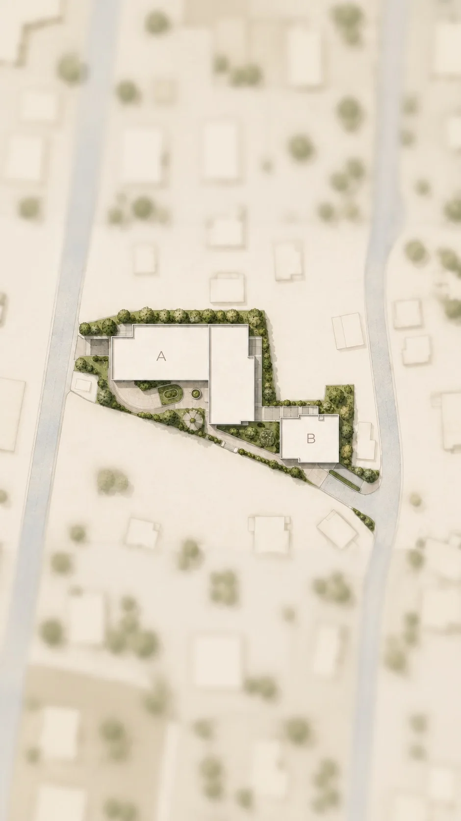 Architectural site plan showing buildings A and B surrounded by trees, paths, and landscaping.