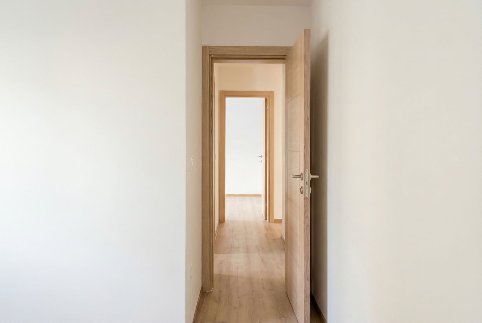 Bright hallway with interior doors and laminate flooring in a new apartment, Budva, Montenegro.