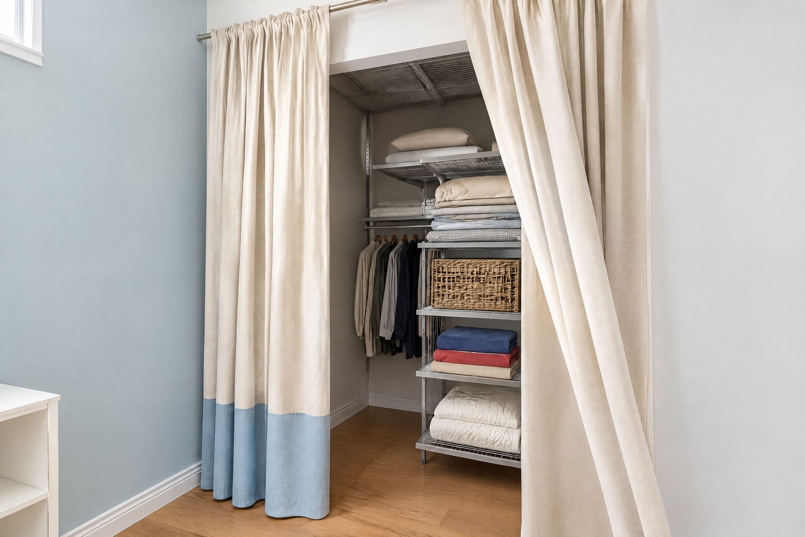 Walk-in closet with metal shelving, hanging clothes, and folded textiles, concealed by a beige and blue curtain.