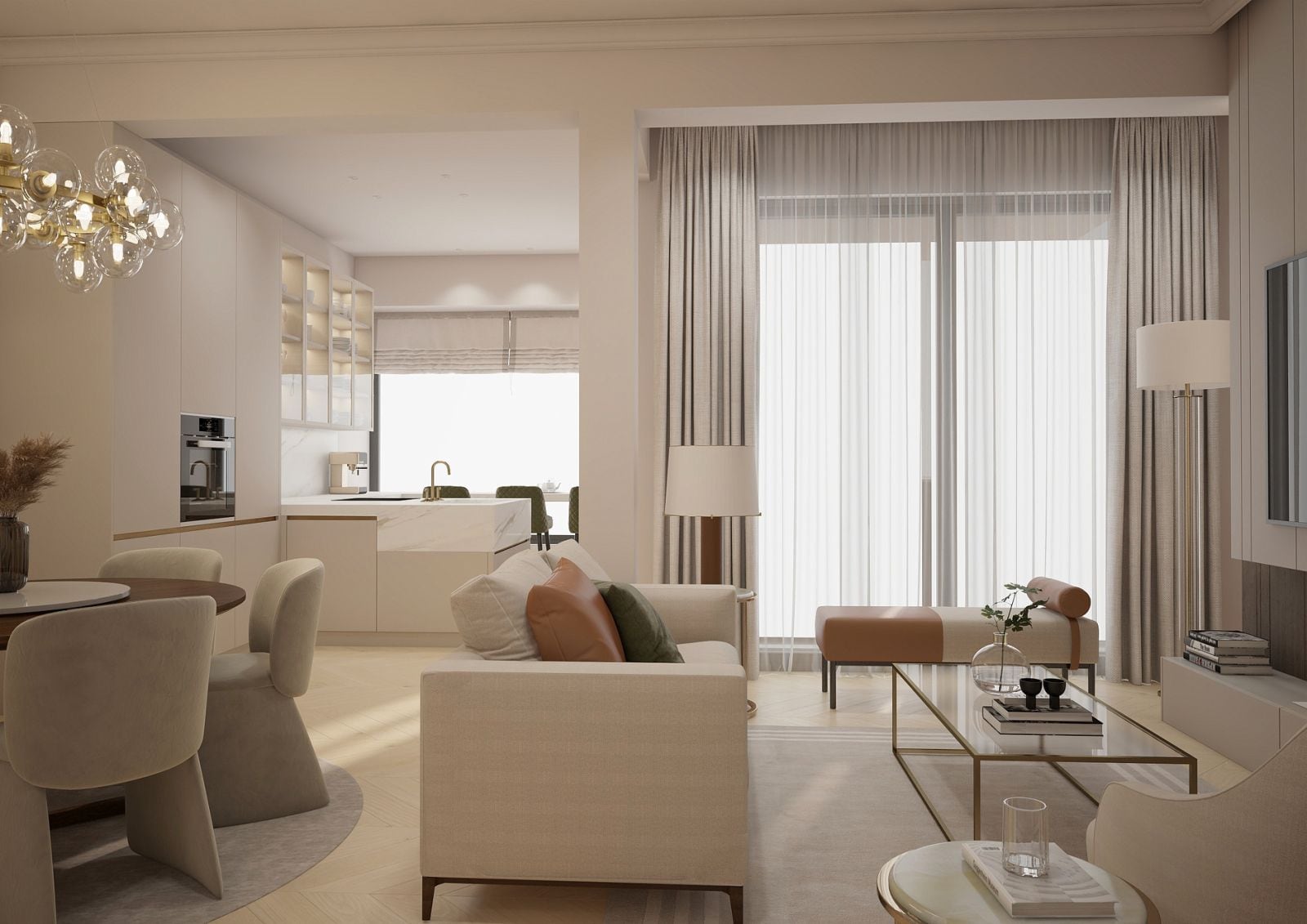 Bright living room featuring a beige sofa, glass coffee table, and open kitchen in the background.