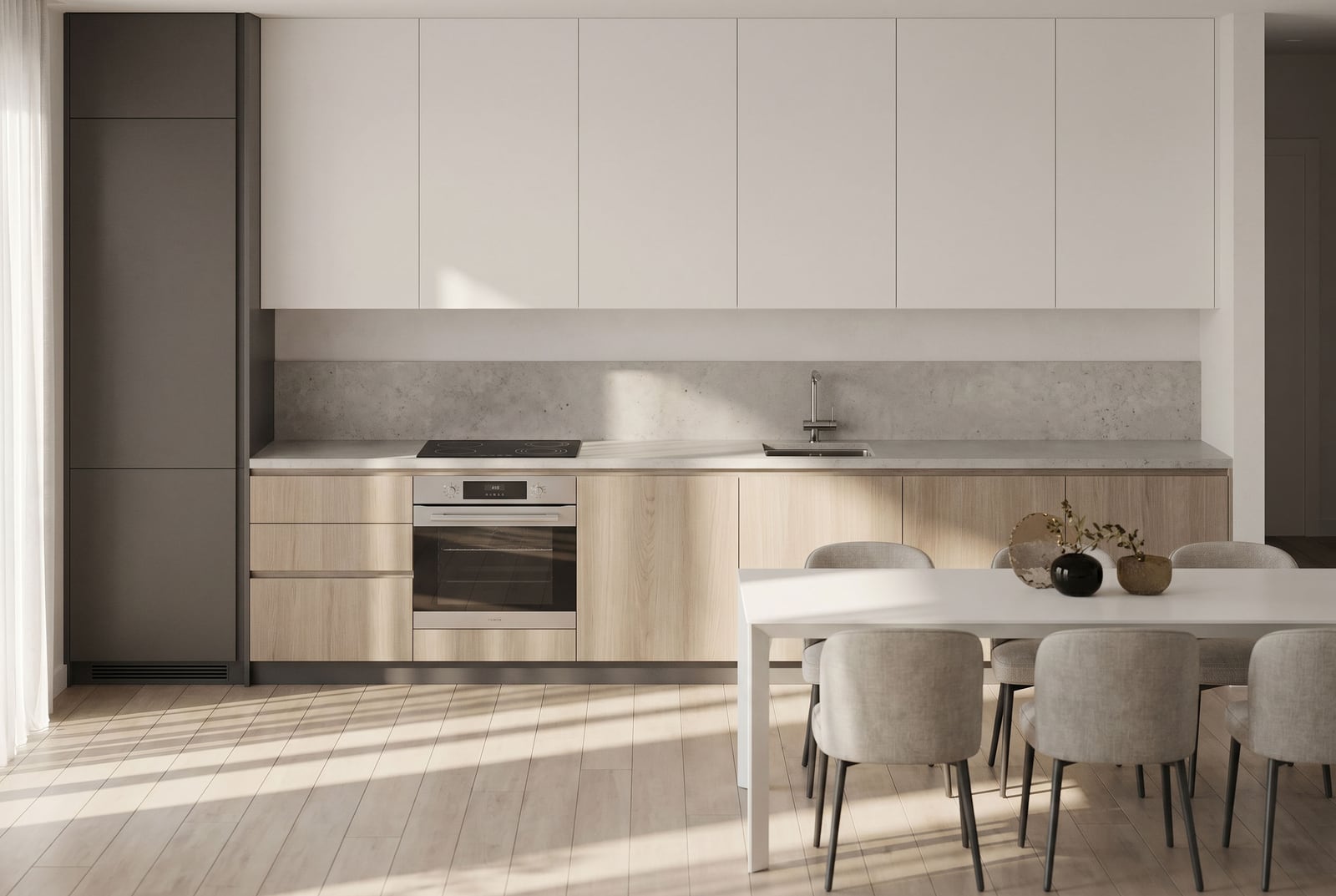 Modern kitchen with white cabinetry and a dining area in a Tivat residential complex apartment, Montenegro. Stylish interior, light color palette.