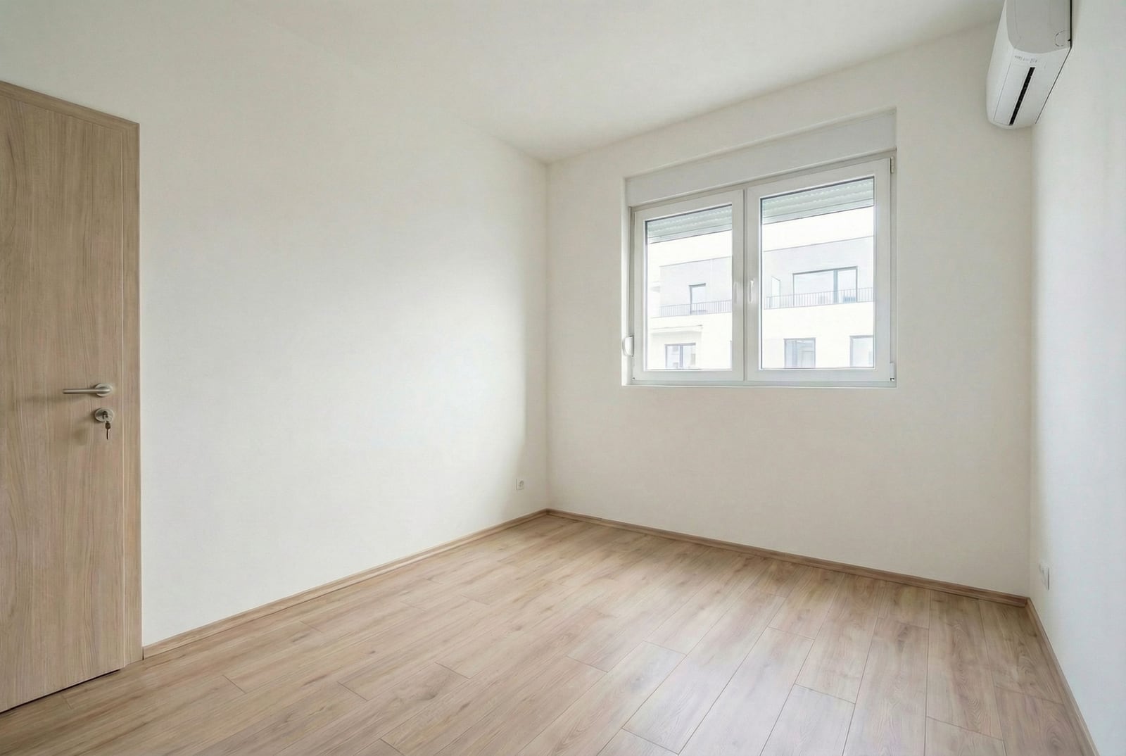 Bright empty bedroom with laminate flooring and air conditioning in an apartment in Budva, Montenegro. View of the neighboring building from the window.