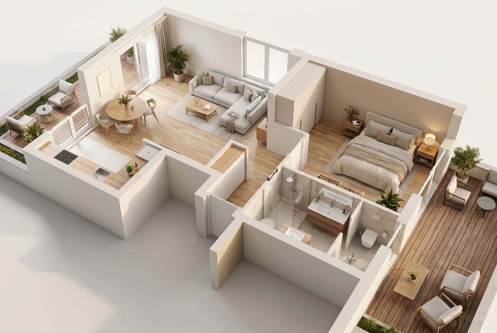 3D floor plan of an apartment in Tivat, Montenegro: living room, bedroom, kitchen, bathroom, and two furnished terraces.