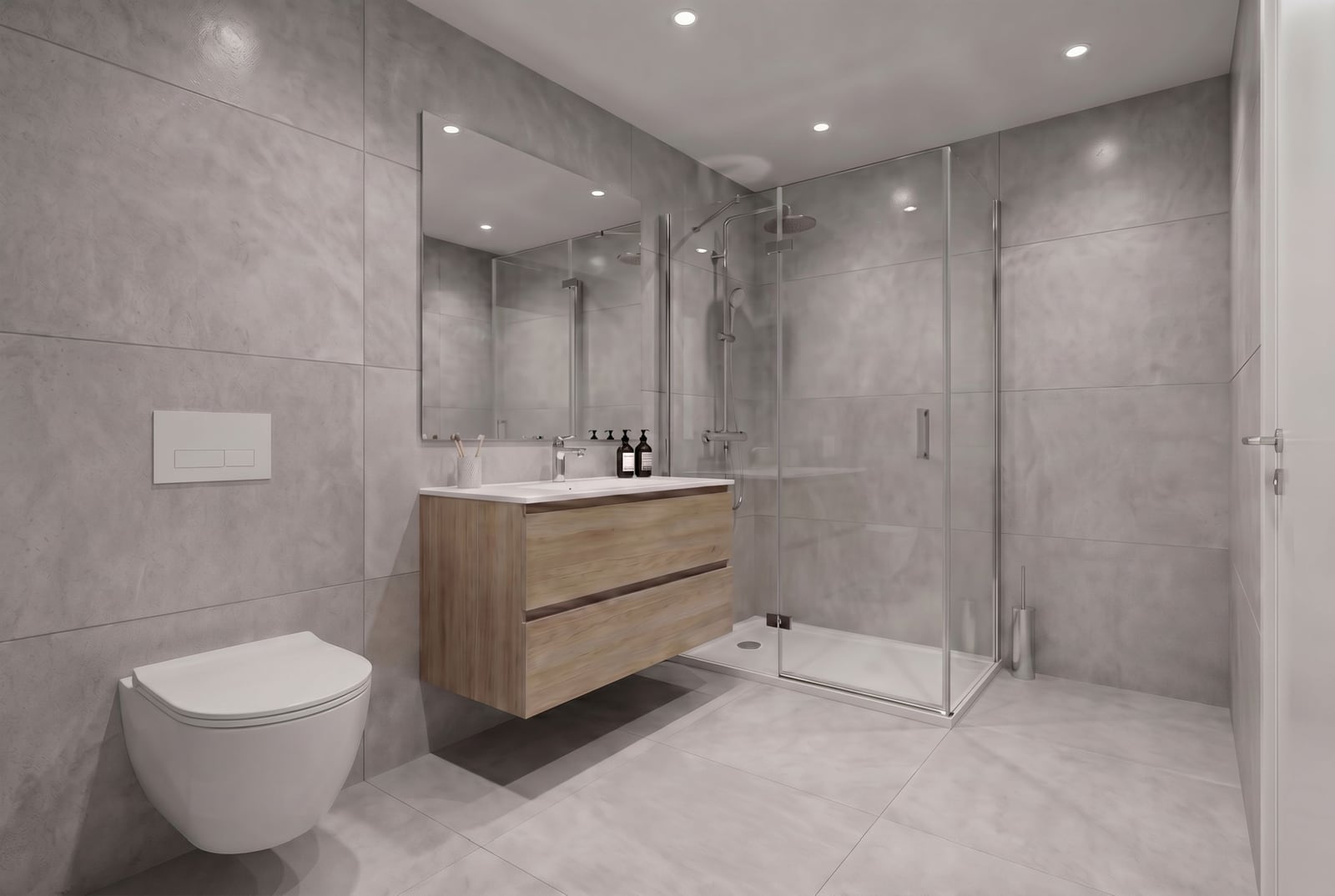 Modern bathroom in an apartment in Bečići, Montenegro: shower cabin, wall-mounted vanity, and gray tiles.