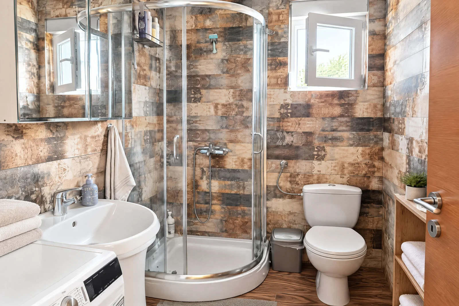 Bathroom featuring a corner shower, toilet, sink, and washing machine against wood-effect tiled walls.