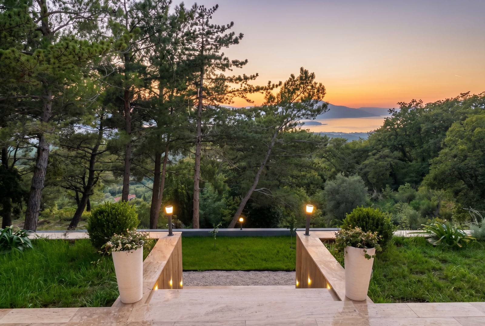Panoramic sea and mountain view from the villa terrace in Kavac, Montenegro: landscaped design, lighting, and a pine forest.
