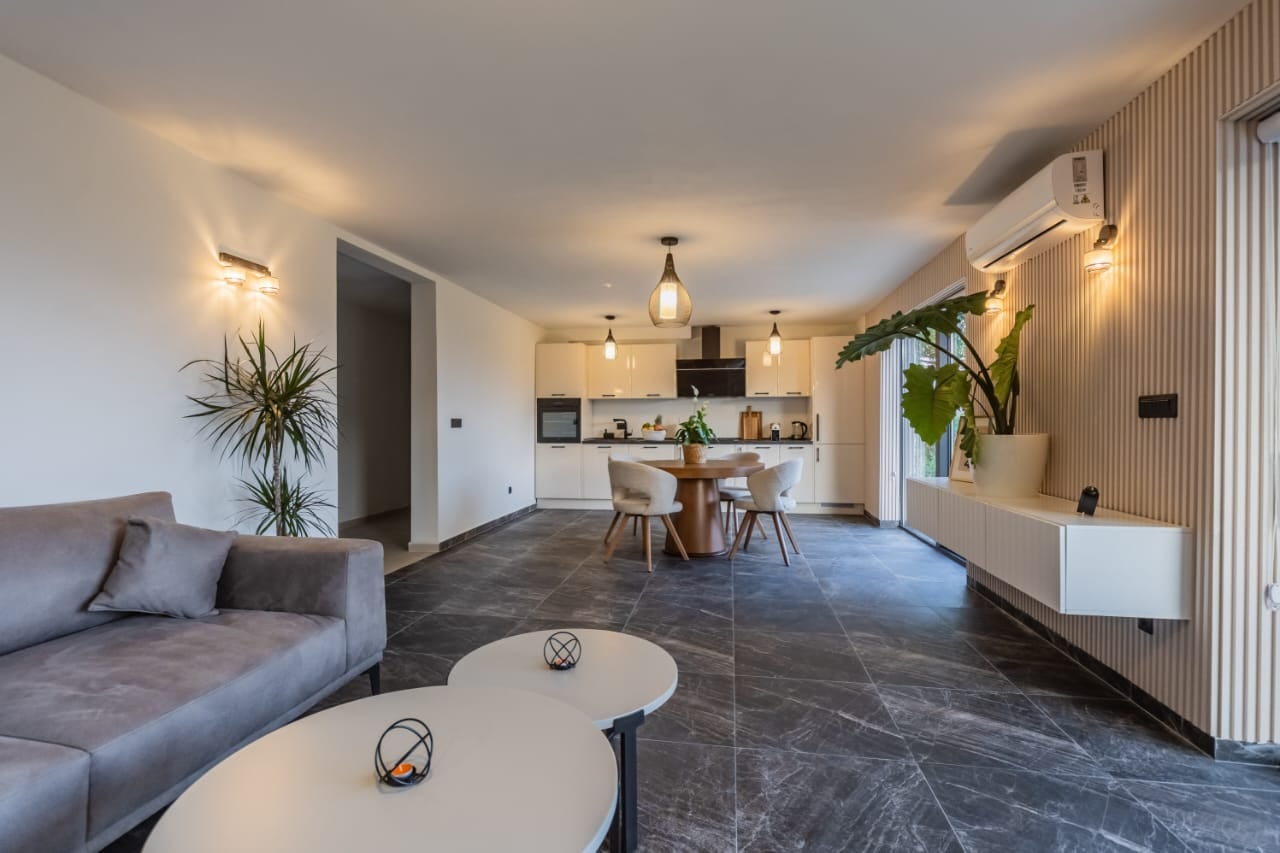 Modern living room with kitchen in a villa in Budva, Montenegro: stylish interior, gray furniture, and slatted panels.