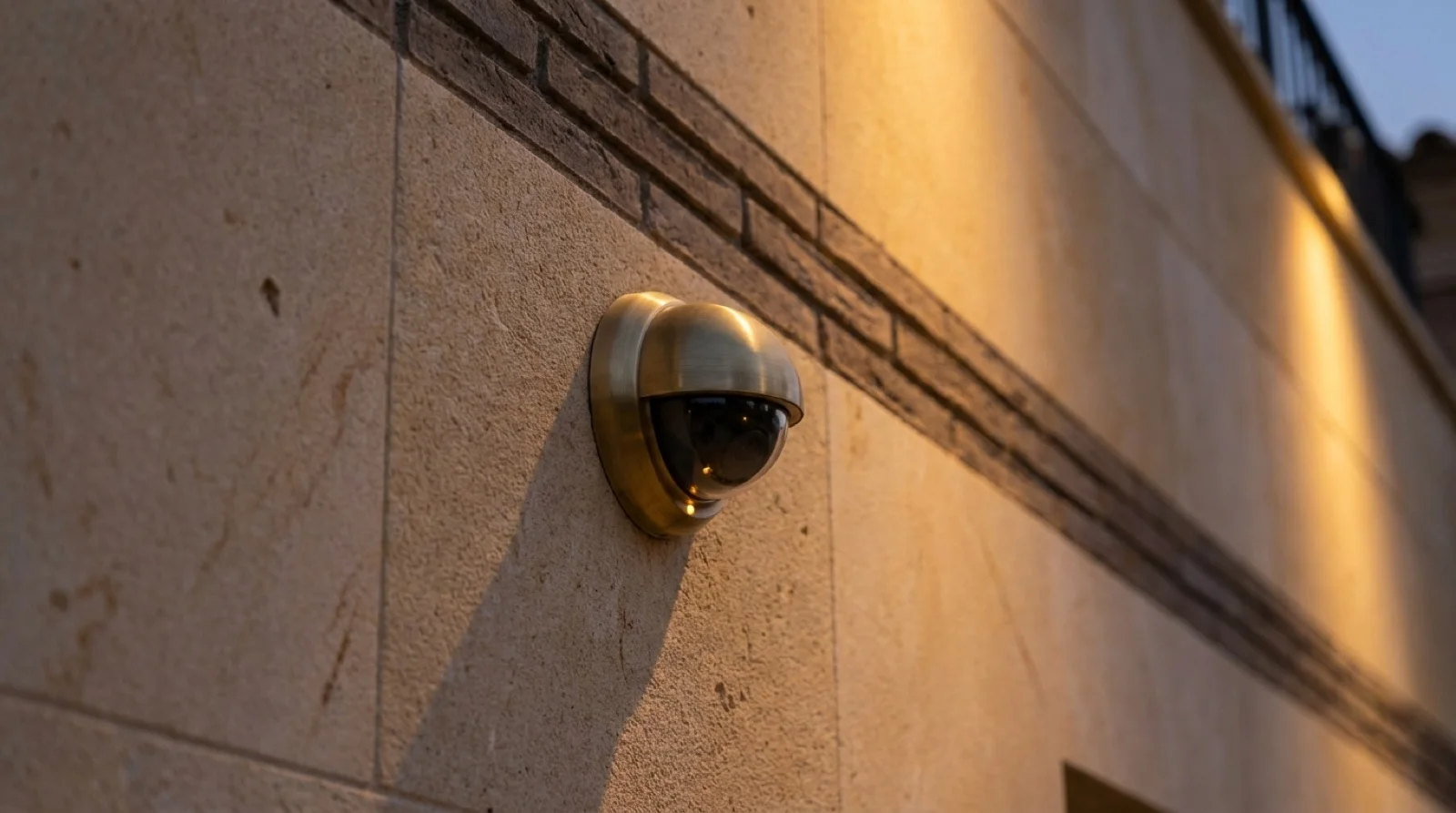 Metal security camera mounted on a textured stone wall illuminated by warm exterior lighting.