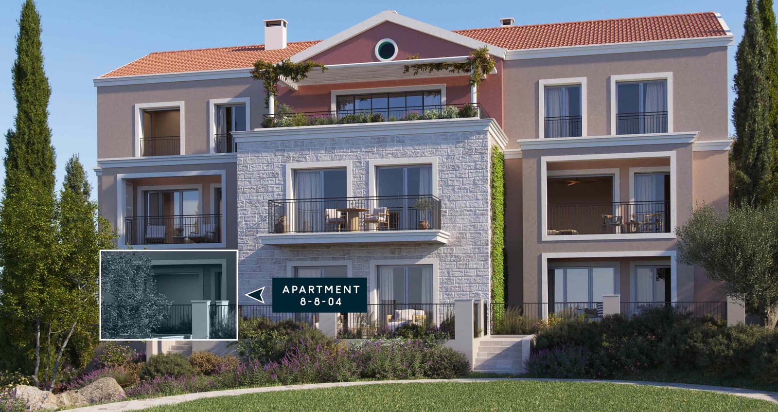 Facade of a modern residential complex in Luštica, Montenegro: stone cladding, terraces with furniture, and panoramic windows.