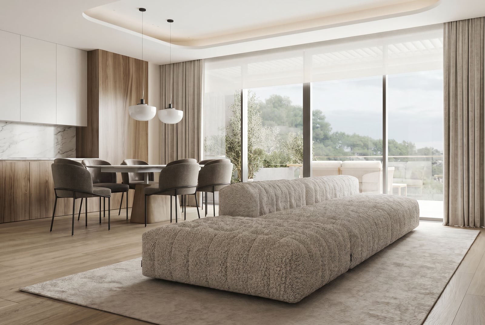 Modern living room with floor-to-ceiling windows in the Sveti Stefan residential complex, Montenegro: stylish furniture, bright interior, and terrace.