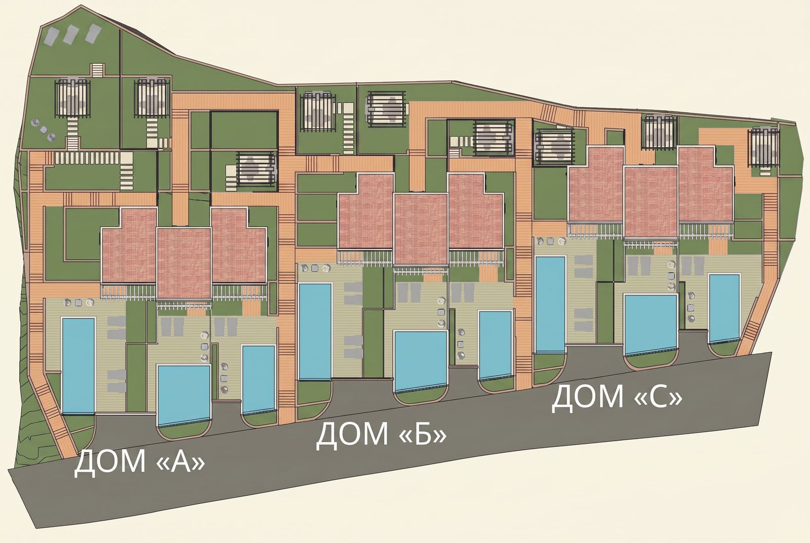 Master plan of townhouses in Blizikuće, Reževići, Montenegro: layout of units A, B, and C with swimming pools and terraces.