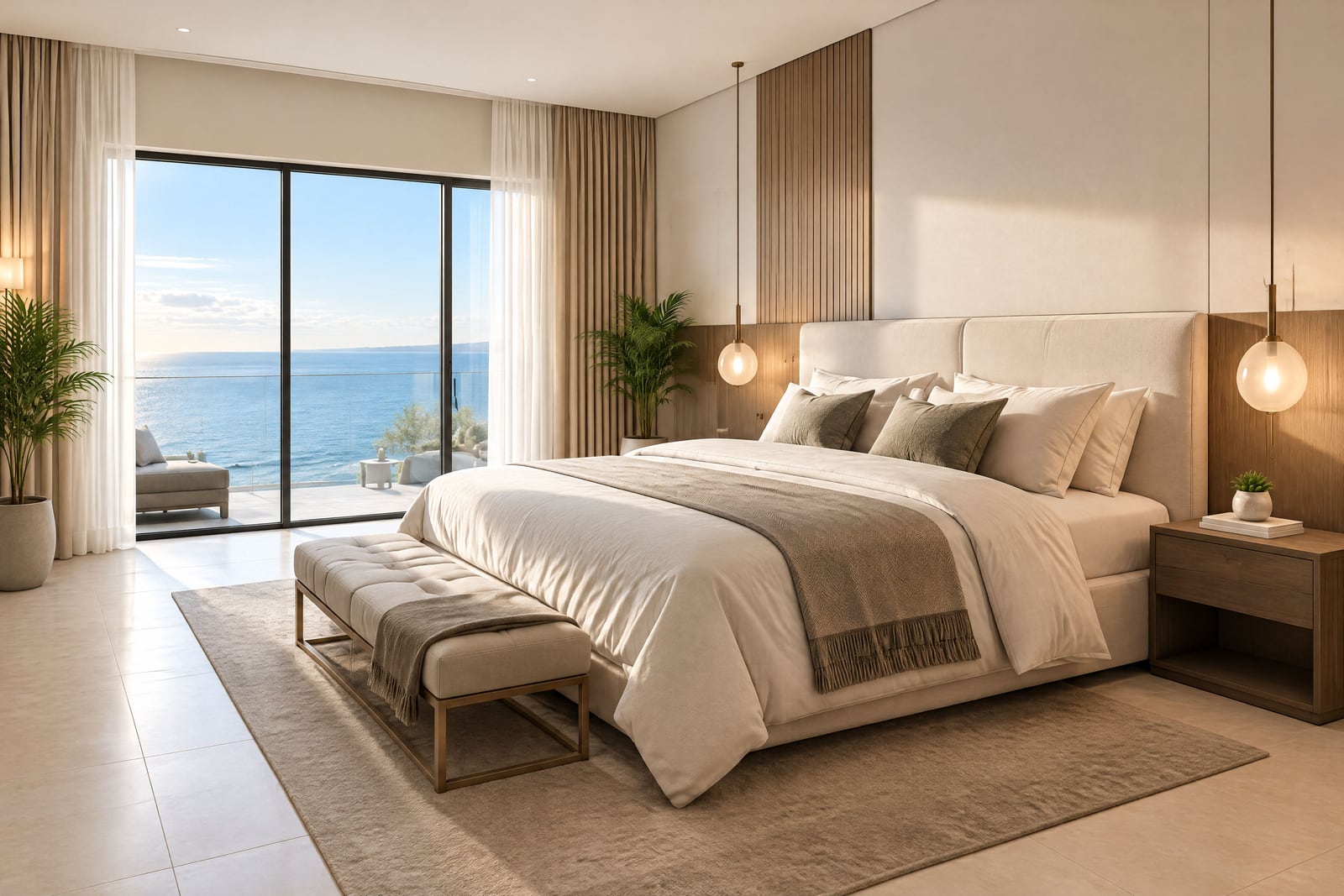 Modern bedroom featuring a large bed, bench, and floor-to-ceiling window overlooking the ocean.