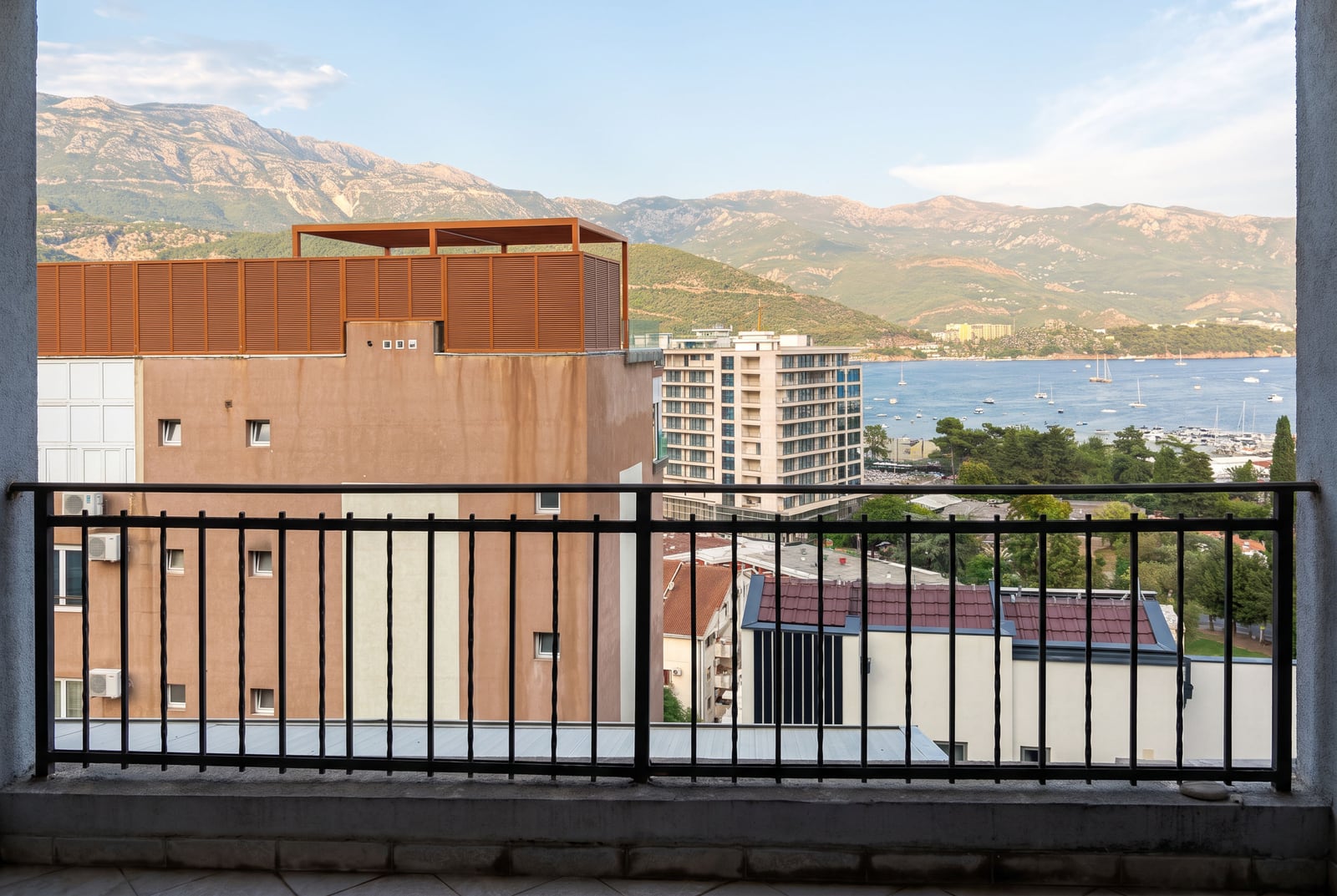 Sea and mountain view from the balcony of an apartment in Budva, Montenegro