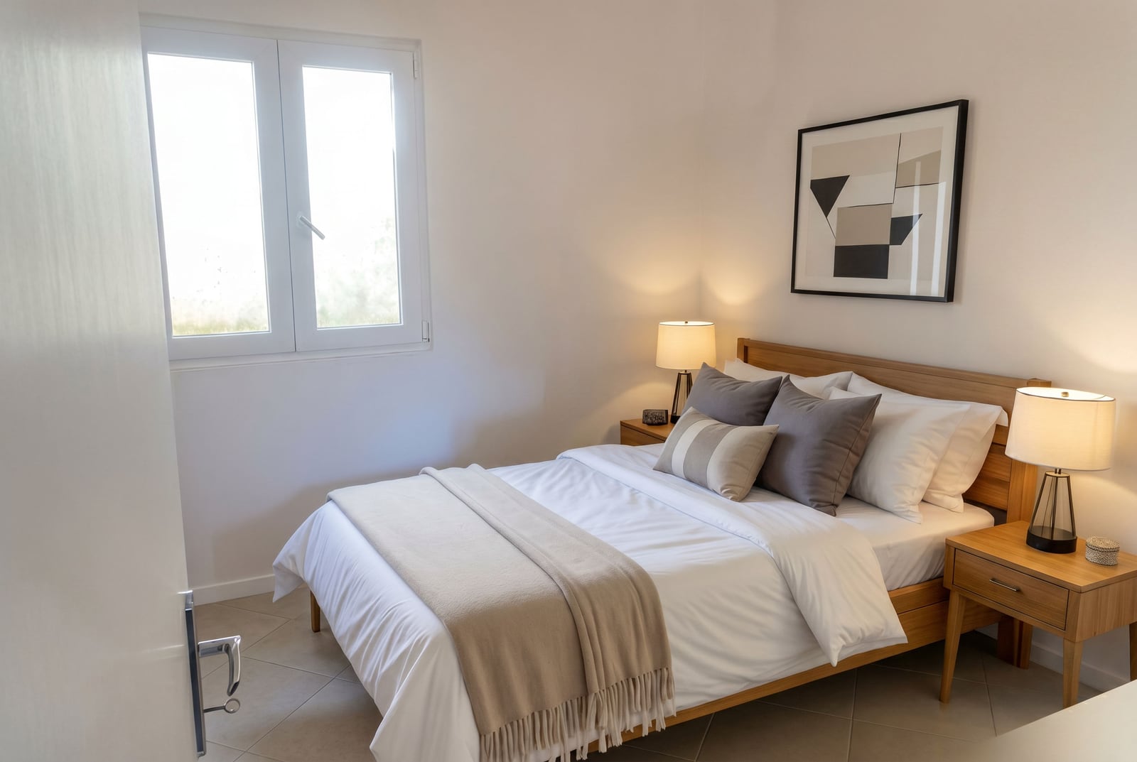 Cozy bedroom with a double bed in a house, Krašići, Montenegro: bright interior, wooden furniture, and decor.