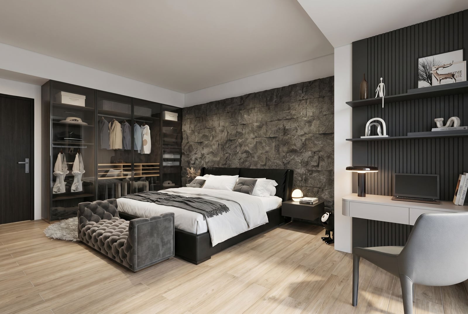 Modern bedroom in a penthouse in Bečići, Montenegro: stone wall, built-in wardrobe, and workspace.