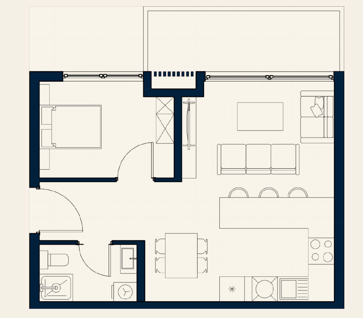 Architectural floor plan showing a bedroom, living room, kitchen, and bathroom layout.