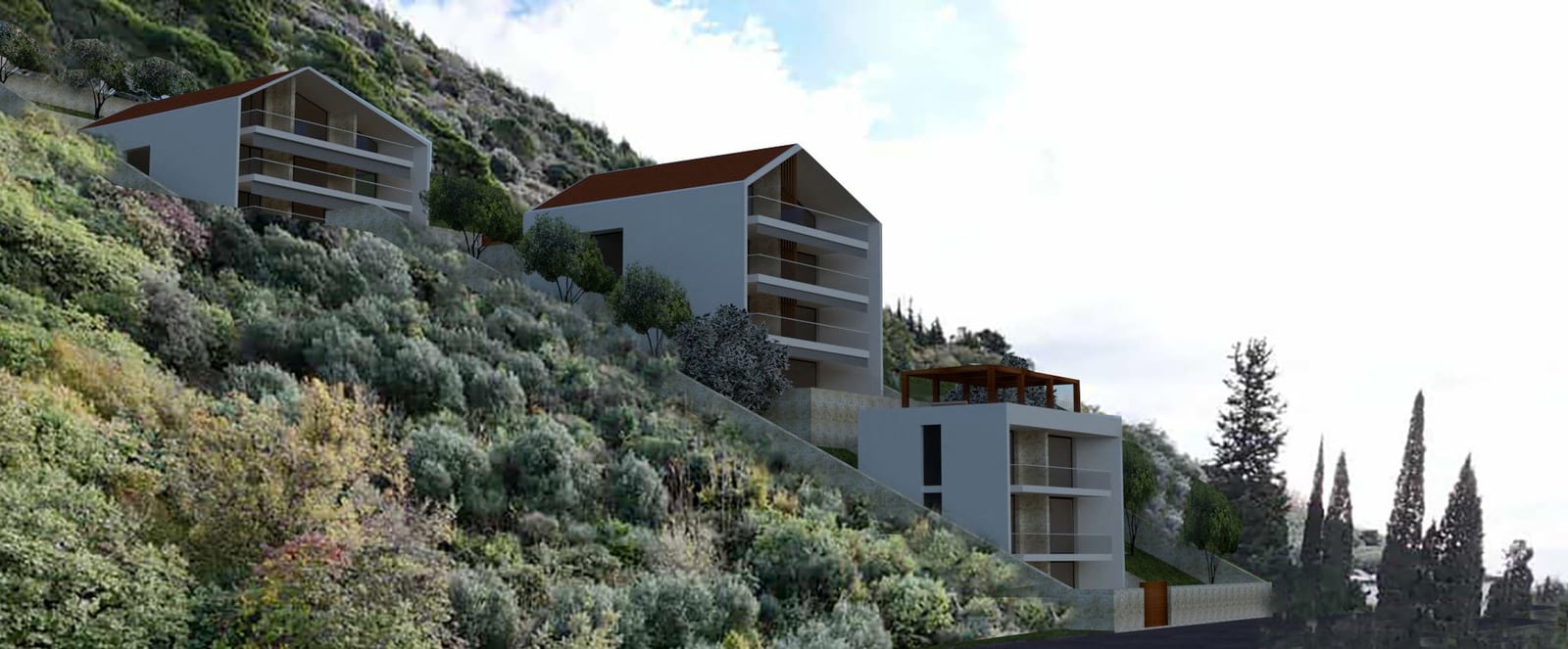 Modern villa project on a mountainside in Budva, Montenegro: visualization of a residential complex with terraces and a panoramic view.