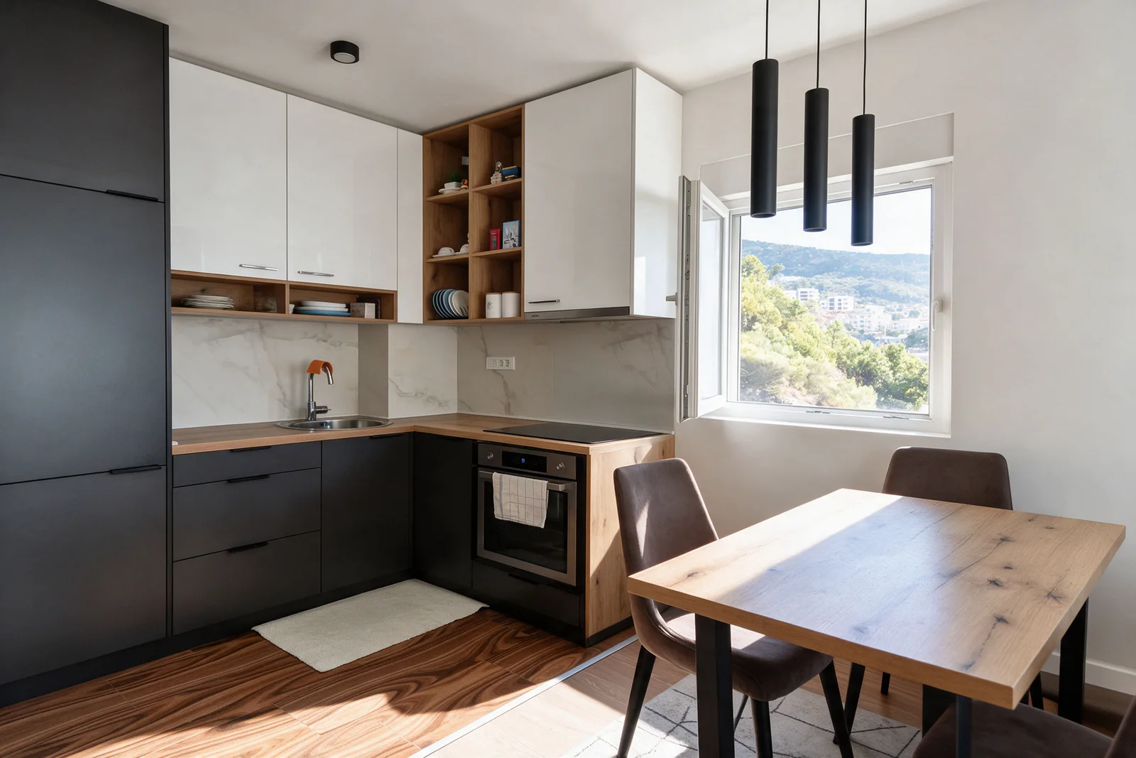 Modern kitchen featuring black and white cabinets, wood countertops, built-in oven, sink, and a wooden dining table by the window.