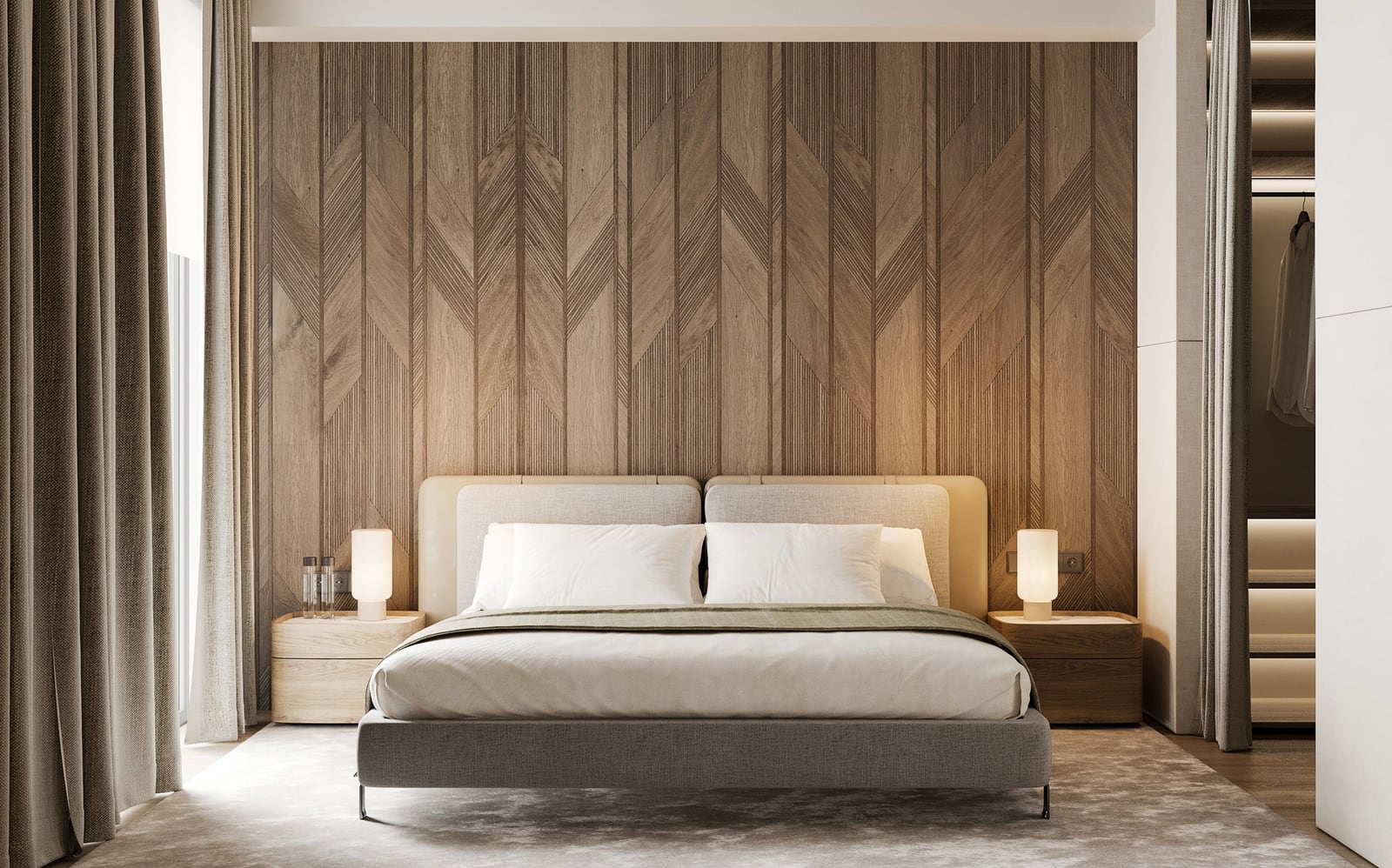 Modern bedroom with a wood-paneled accent wall in a luxury apartment, Sveti Stefan, Montenegro.