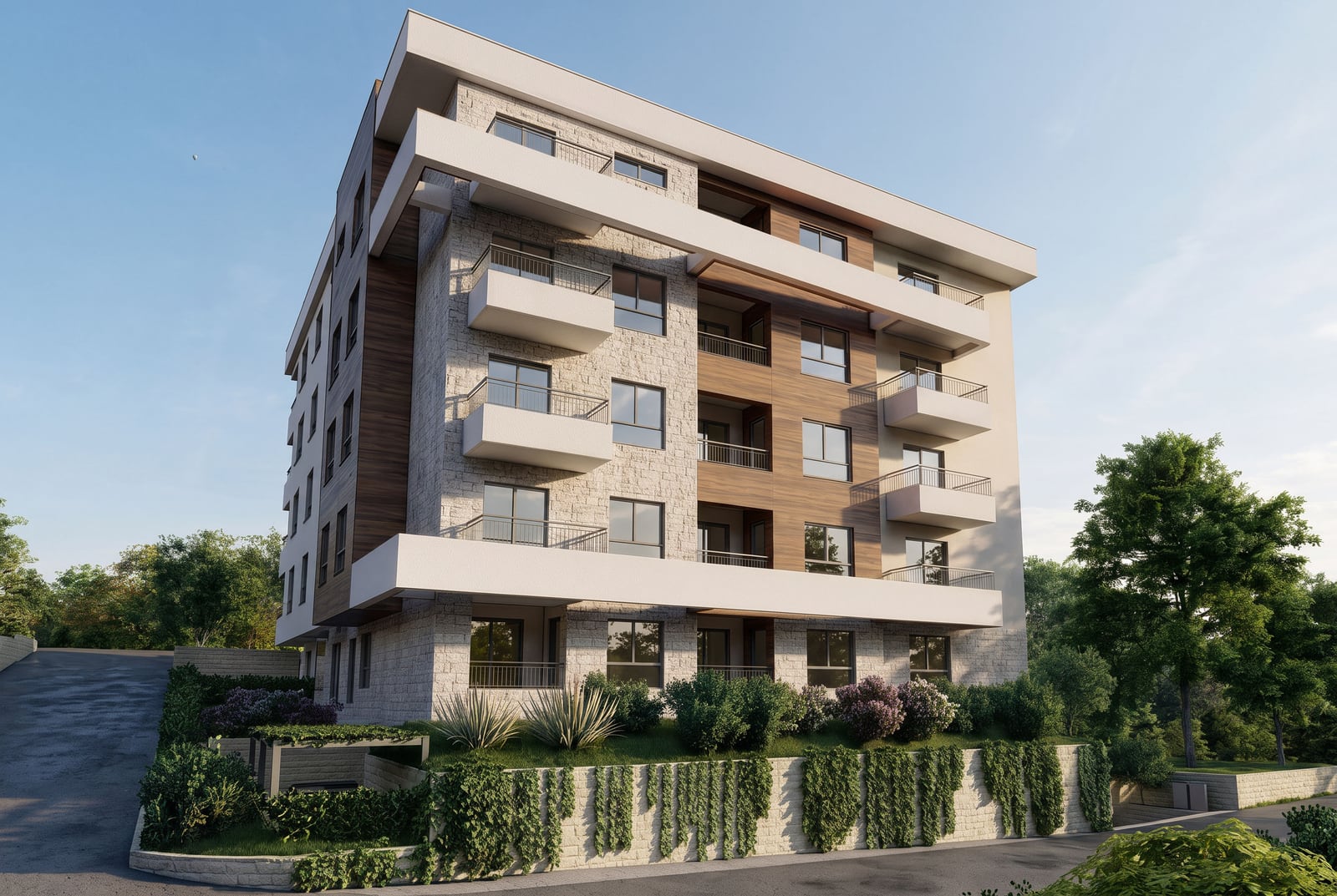 Modern residential complex with stone and wood finishes in Bečići, Montenegro: view of the building facade with balconies.