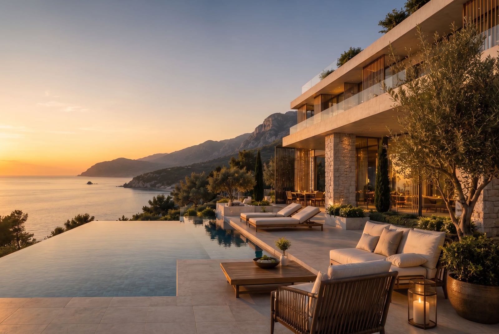 Infinity pool on a terrace overlooking the sea and mountains at sunset with modern furniture.