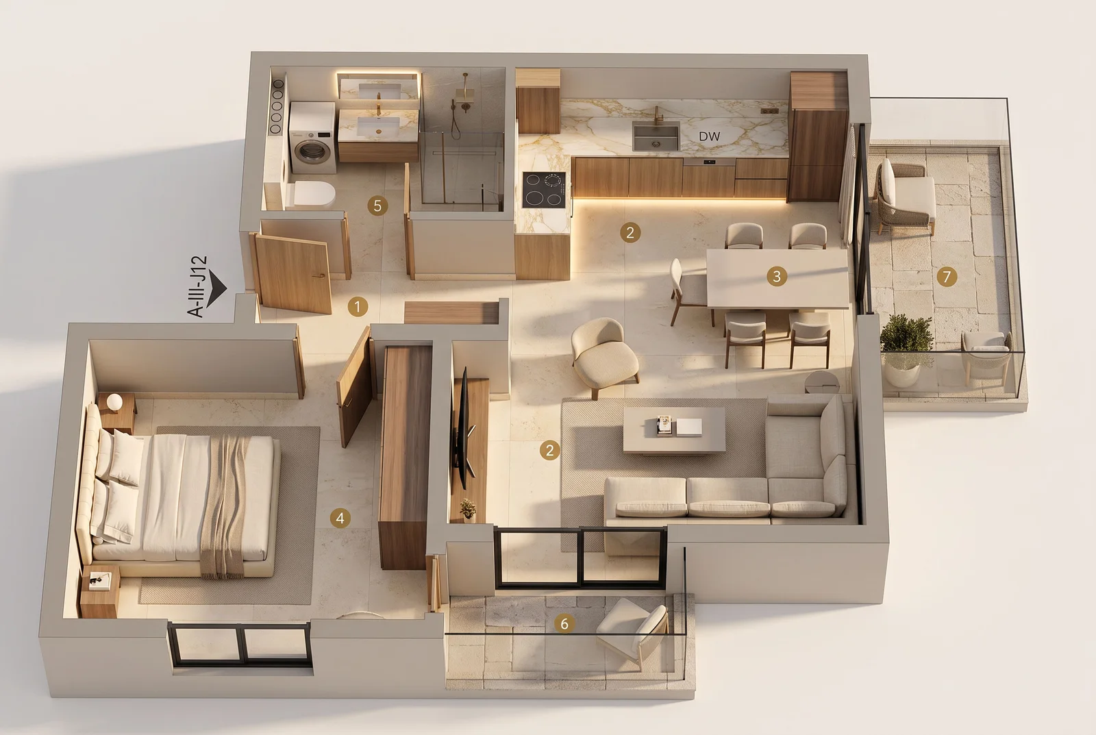 Top-down 3D floor plan of an apartment showing a bedroom, kitchen, living room, bathroom, and balcony.
