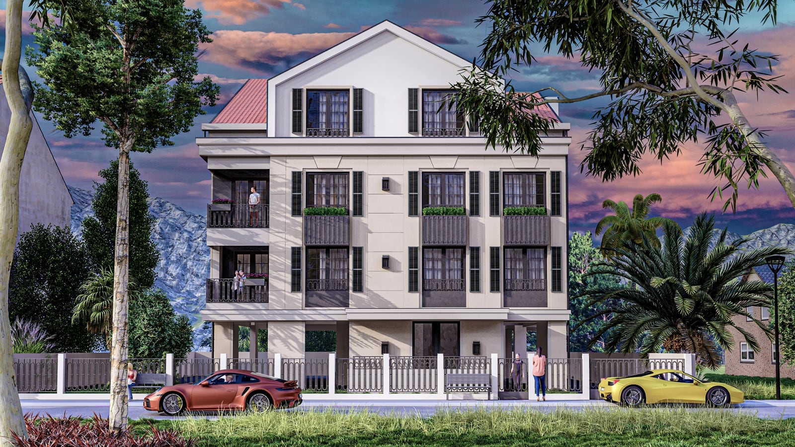 Modern residential building with balconies in Tivat, Montenegro: building facade with panoramic windows and a fenced area.