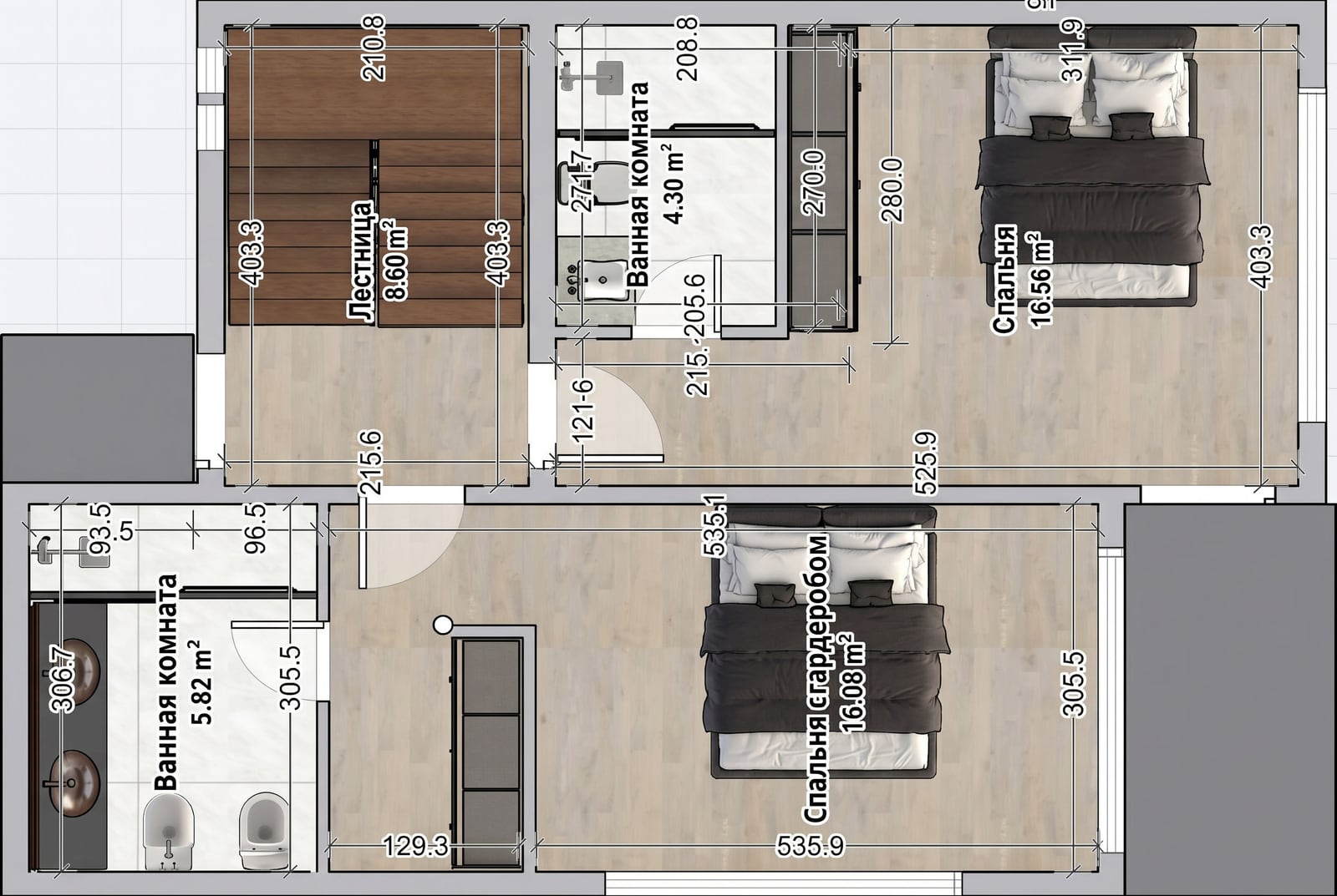 Second floor layout of a villa in Reževići, Montenegro: two bedrooms with en-suite bathrooms and a staircase area.