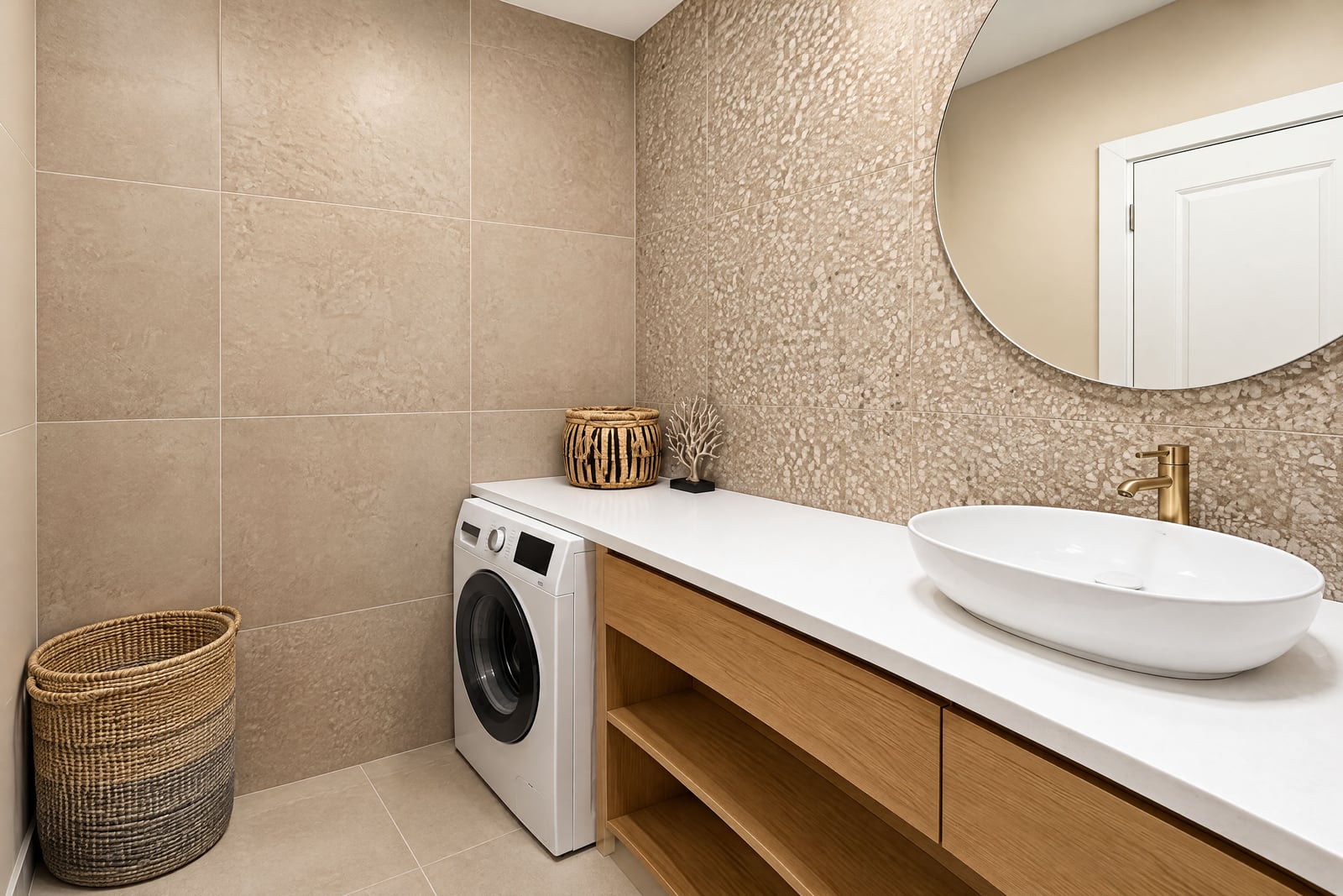 Bathroom with washing machine, wooden vanity, round mirror, and white vessel sink on a white countertop.