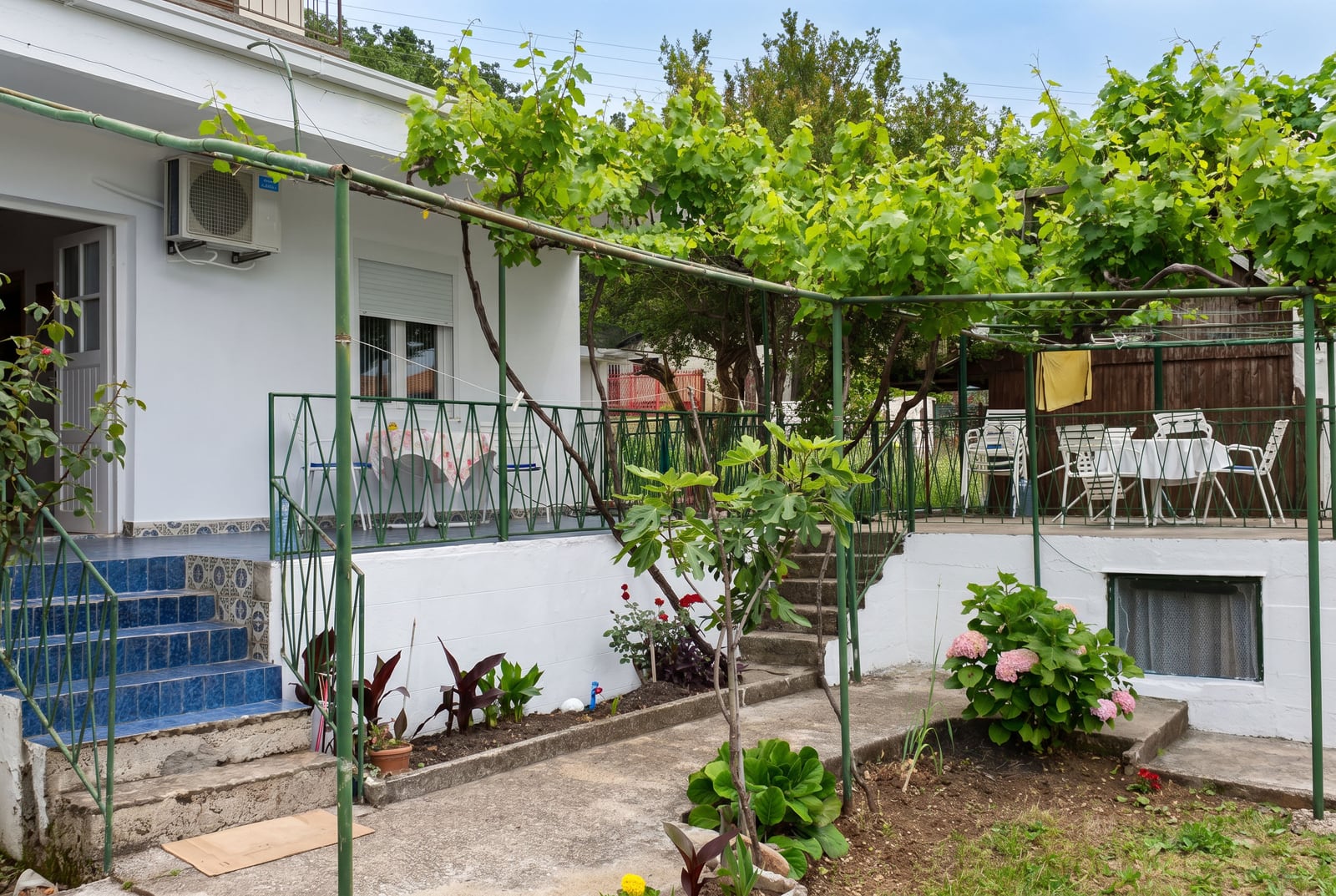 Cozy house in Sutomore, Montenegro: terrace with a vineyard, outdoor furniture, garden, and stairs leading to the entrance.