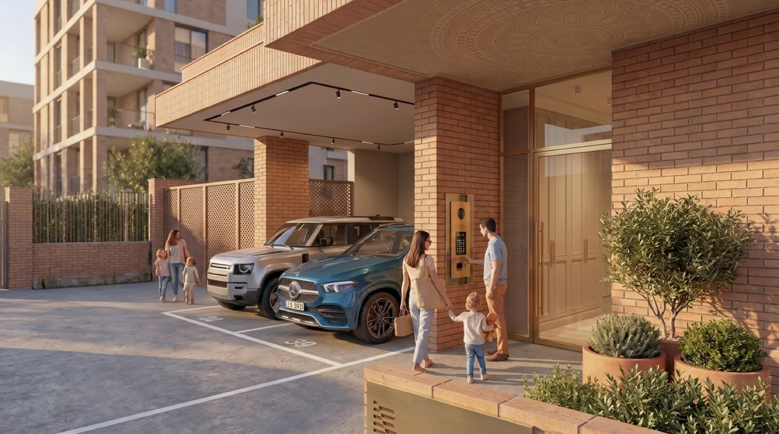 Building exterior with parking area near entrance, brick walls, cars and a family at the door.