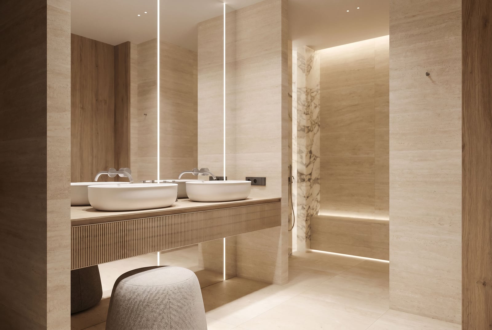 Modern bathroom with stone and wood finishes in a luxury residential complex in Sveti Stefan, Montenegro.