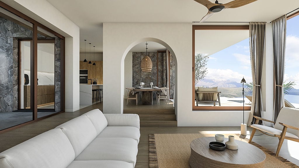 Modern living room with an arched passage and sea view in a luxury villa, Luštica, Montenegro: stylish interior.