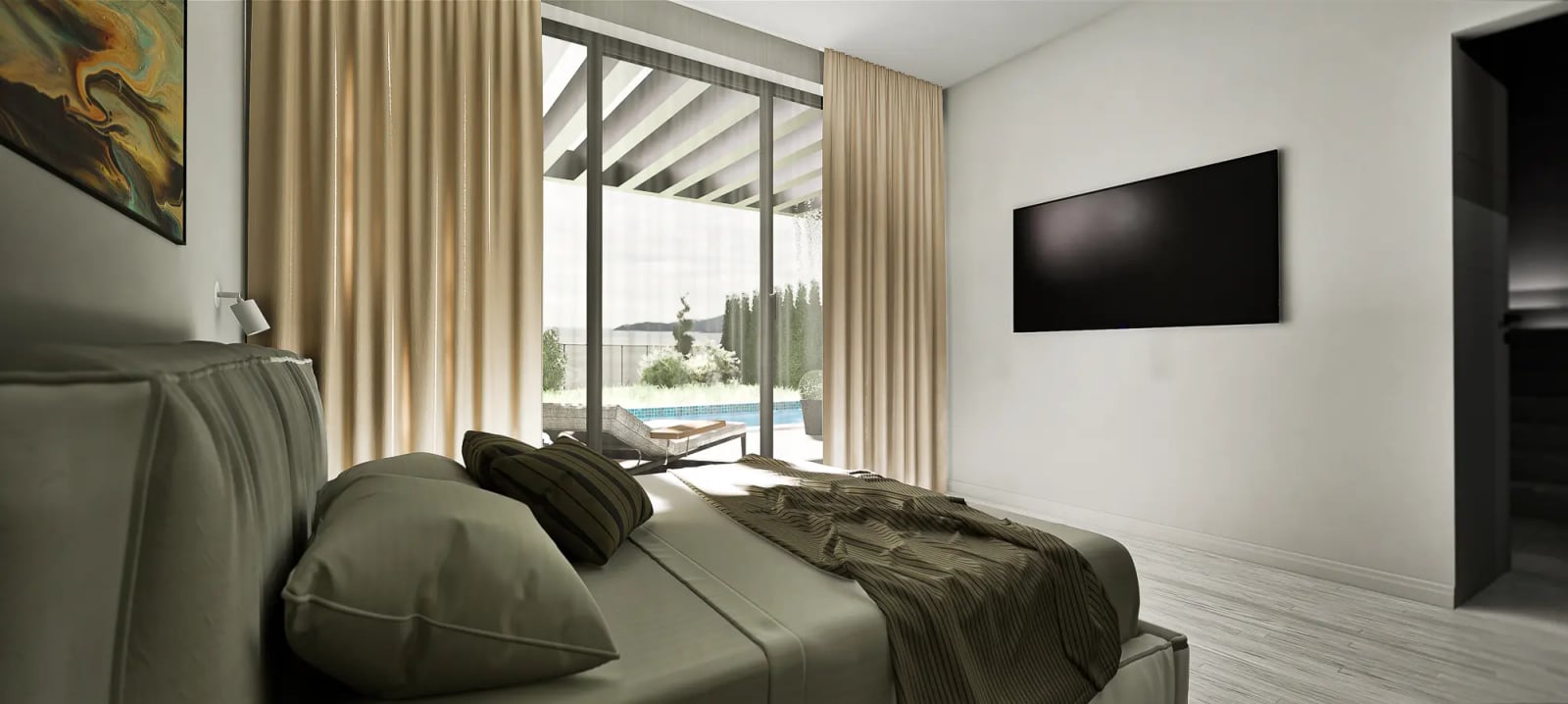 Modern bedroom in a townhouse in Reževići, Montenegro, with direct pool access and panoramic sea views.