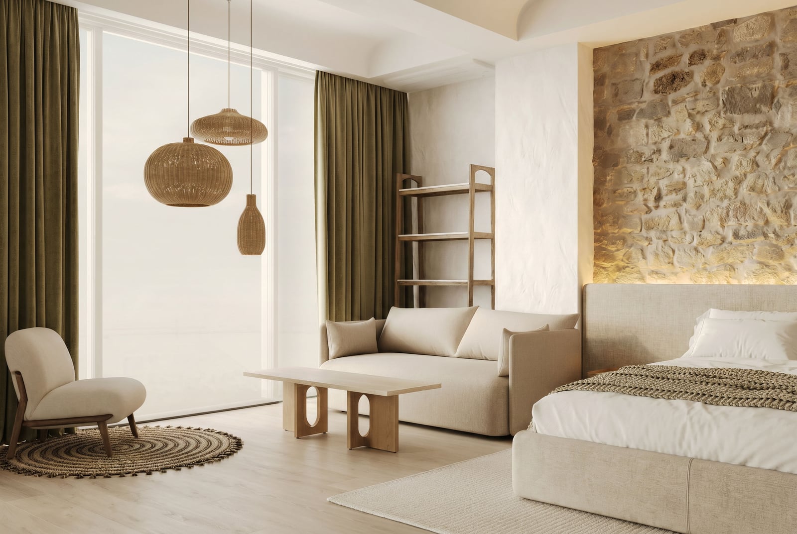 Bedroom interior in Sveti Stefan residential complex, Montenegro: stone wall, panoramic windows, light-colored furniture, and wicker lamps.