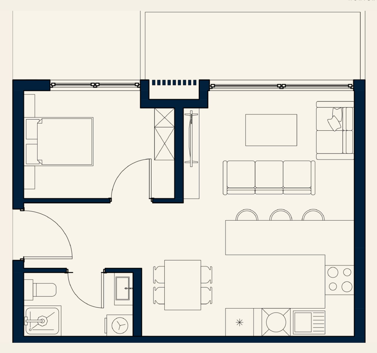 Architectural floor plan showing the layout of a bedroom, living room, kitchen, and bathroom.
