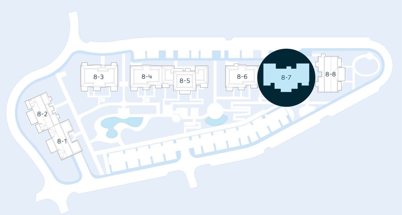 Master plan of the residential complex in Luštica, Montenegro: highlighted building 8-7 on the site development map.